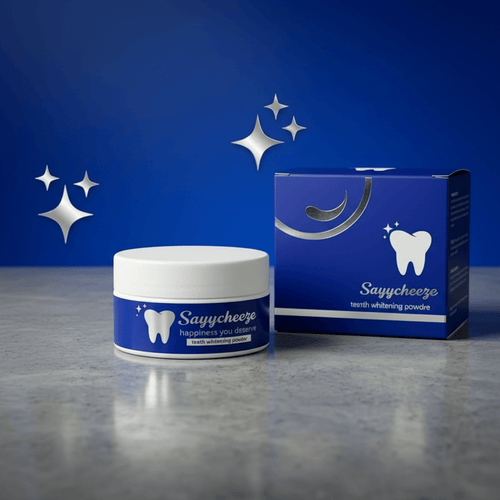 Sayycheeze Teeth Whitening Powder jar with white lid and blue label beside its product box on a marble surface