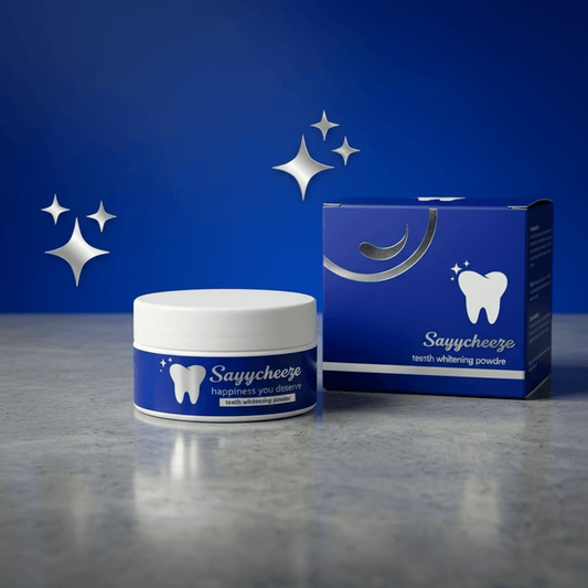 Sayycheeze Teeth Whitening Powder jar with white lid and blue label beside its product box on a marble surface