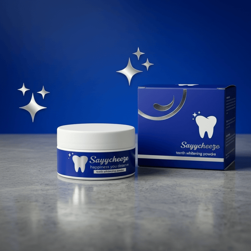 Sayycheeze Teeth Whitening Powder jar with white lid and blue label beside its product box on a marble surface