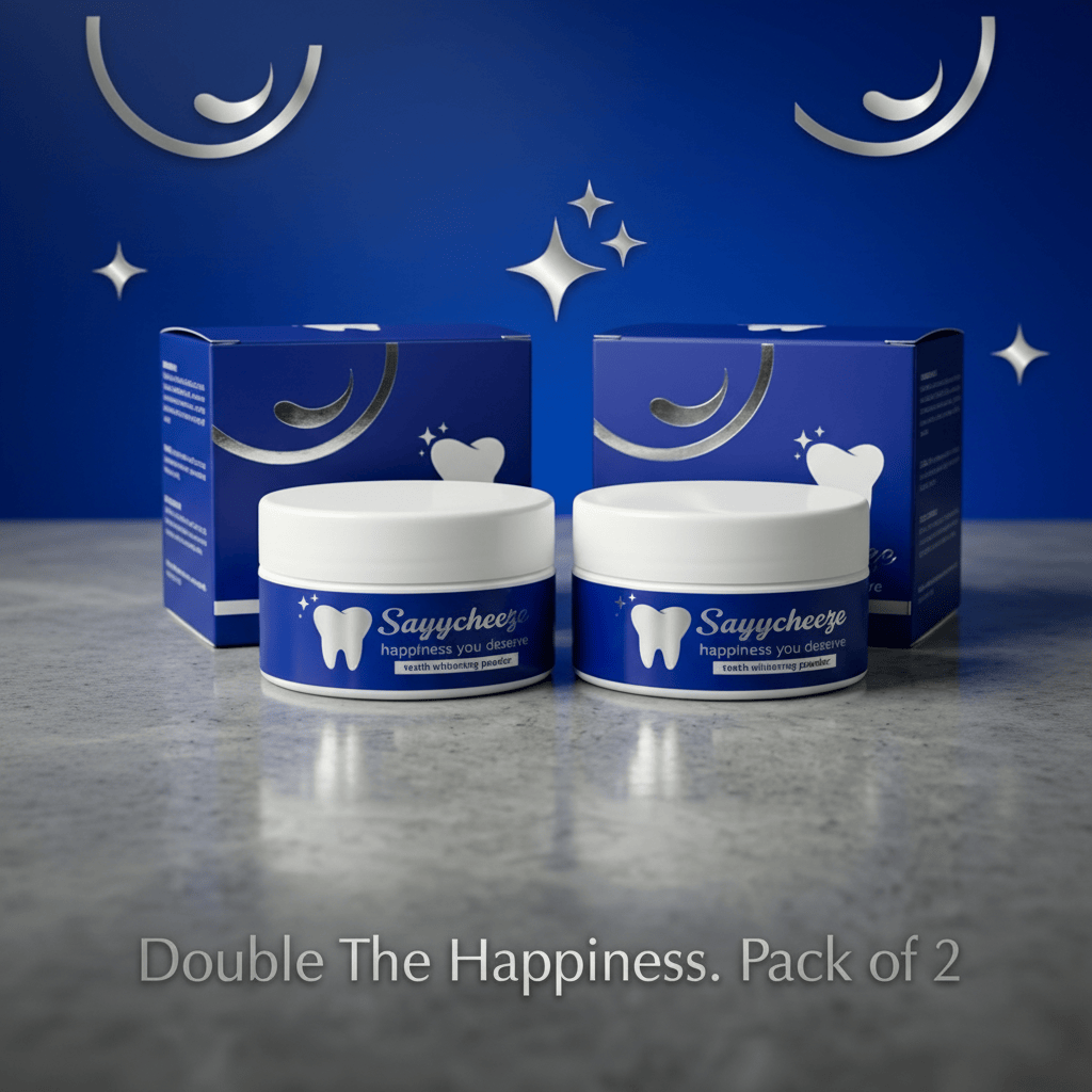 Pack of 2 Sayycheeze Teeth Whitening Powder jars with blue packaging and white lids on a marble surface