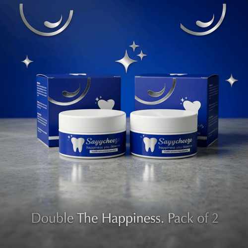 Pack of 2 Sayycheeze Teeth Whitening Powder jars with blue packaging and white lids on a marble surface